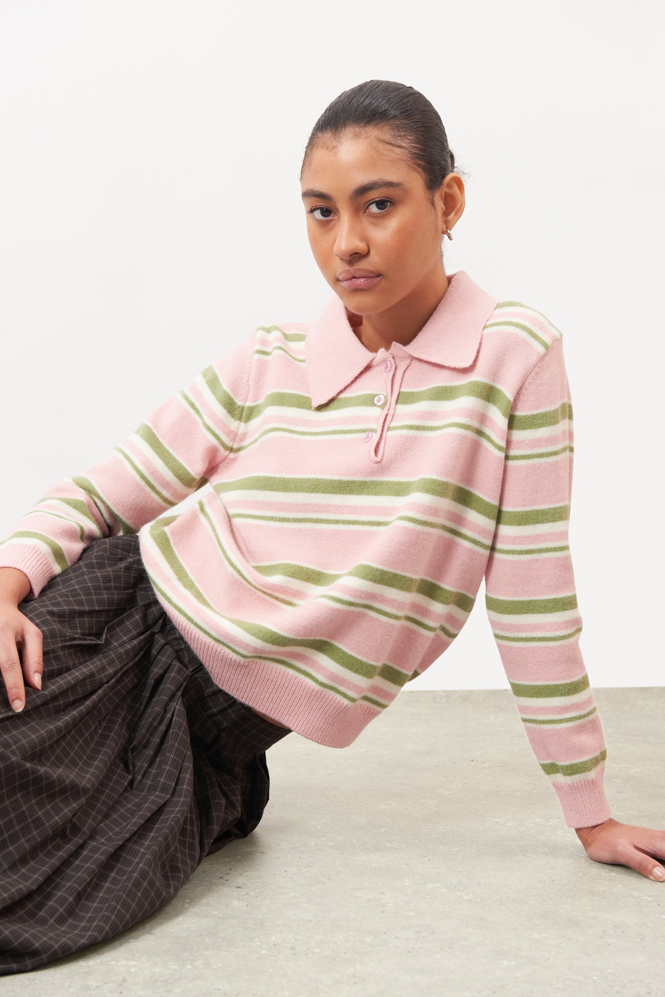 Pink green and ivory striped button up knit polo_2