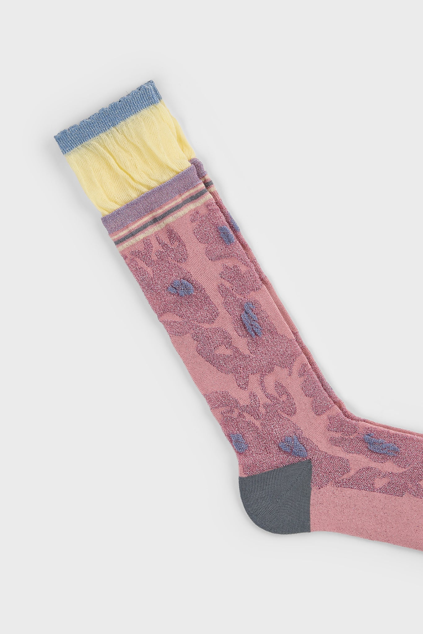 Pink metallic floral grey heeled varsity trim cuffed socks_2