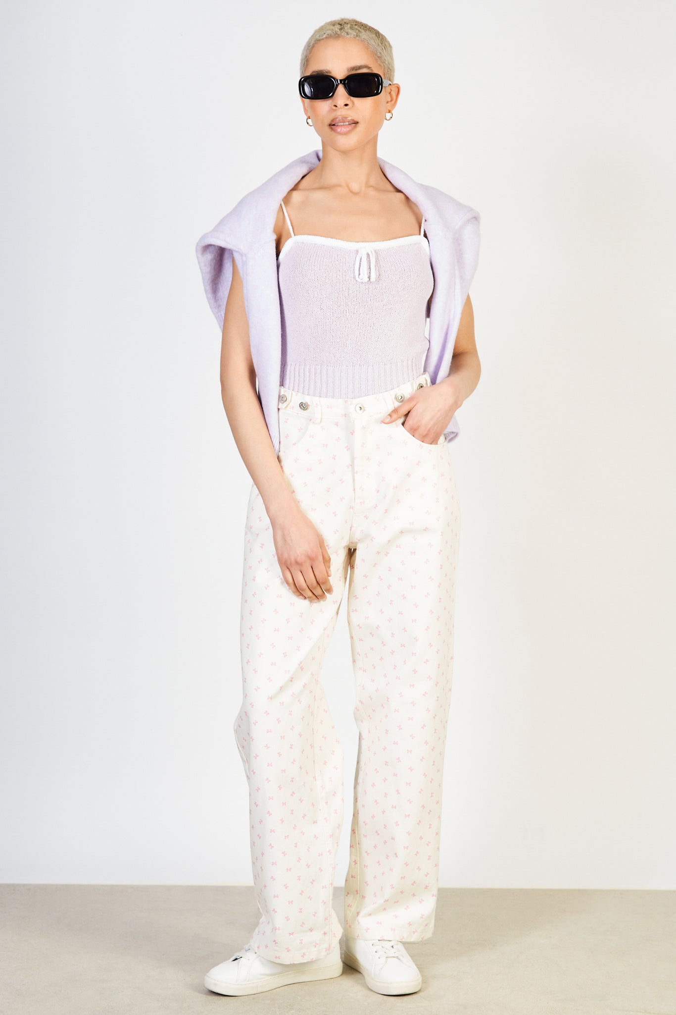 Pink ribbon bown print double button jeans_4