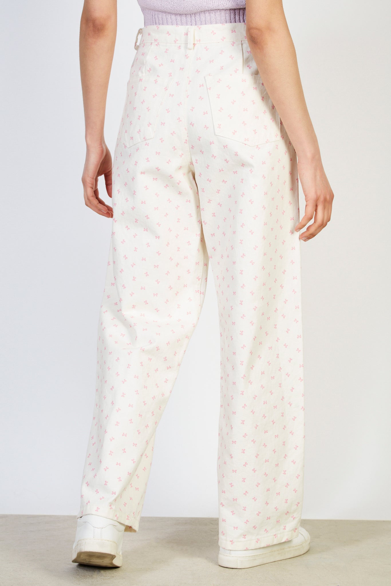 Pink ribbon bown print double button jeans_2
