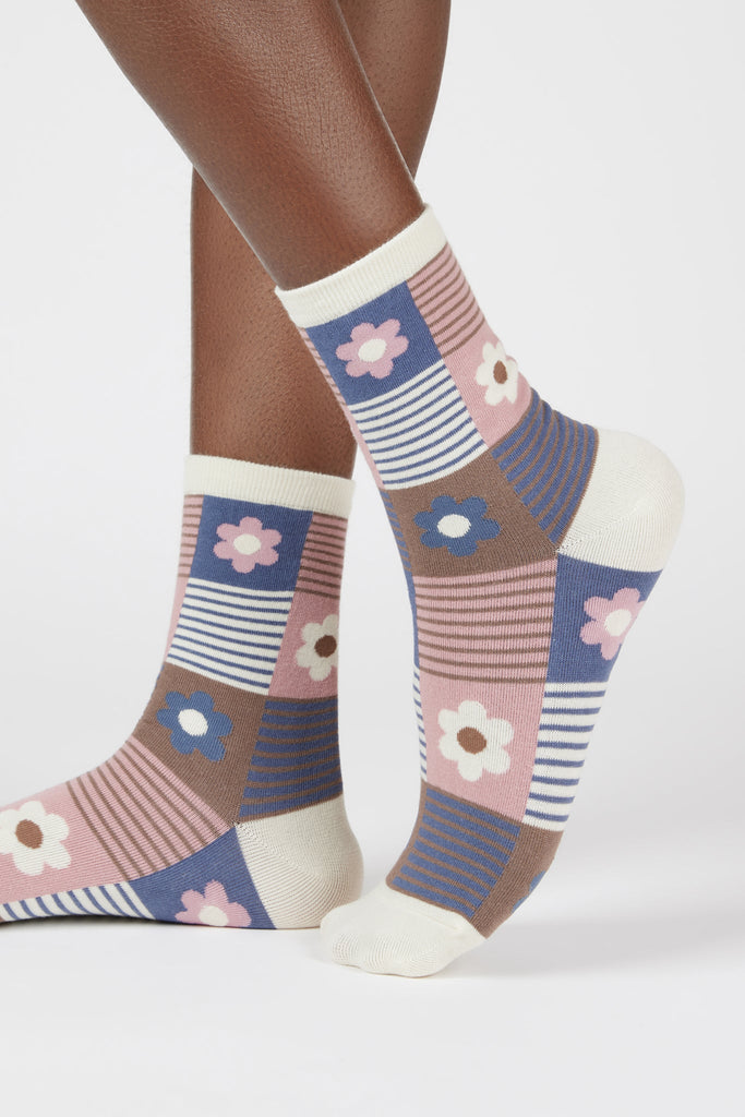 Pink and blue floral striped check socks_1