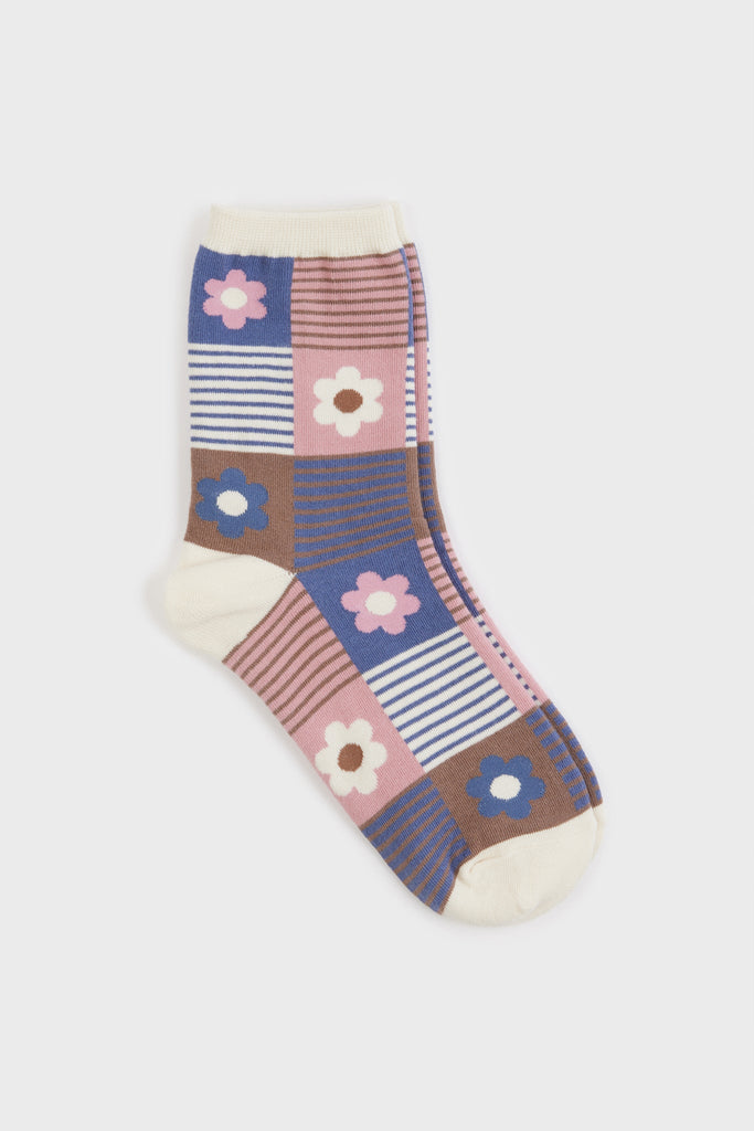 Pink and blue floral striped check socks_2