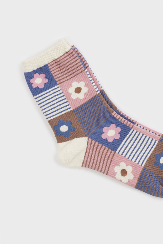 Pink and blue floral striped check socks_3