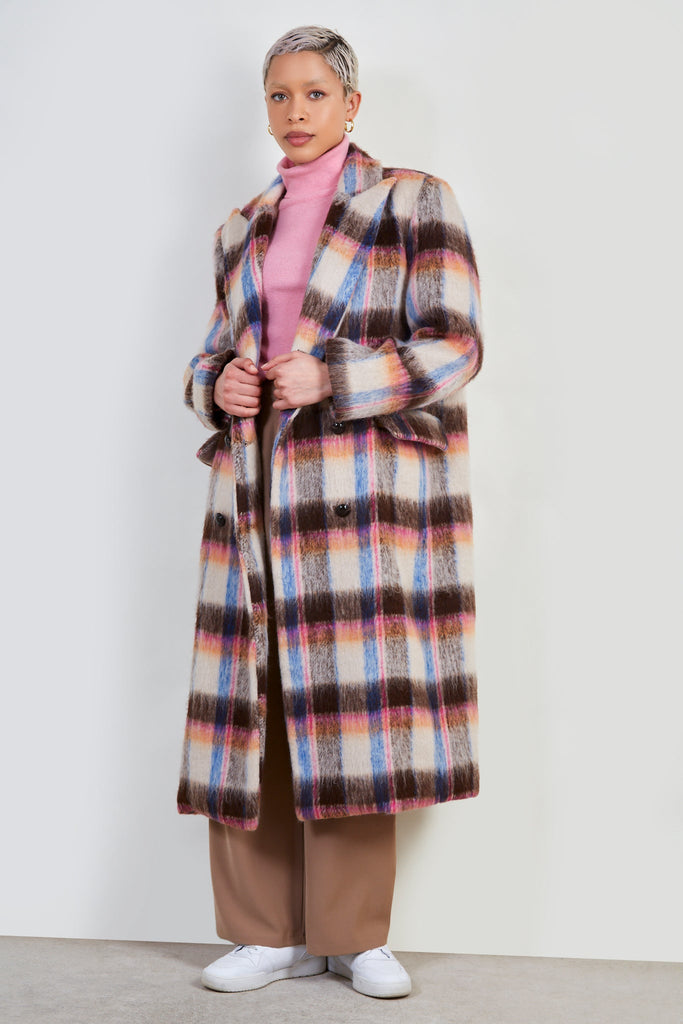 Pink and brown bold checked wool blend coat_1