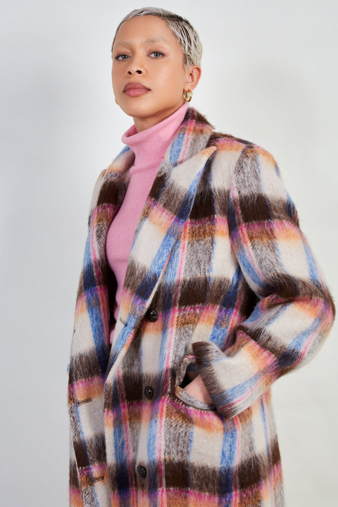Pink and brown bold checked wool blend coat_2