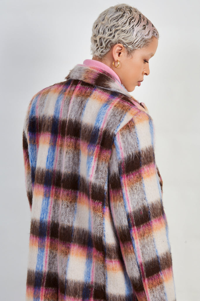 Pink and brown bold checked wool blend coat_3