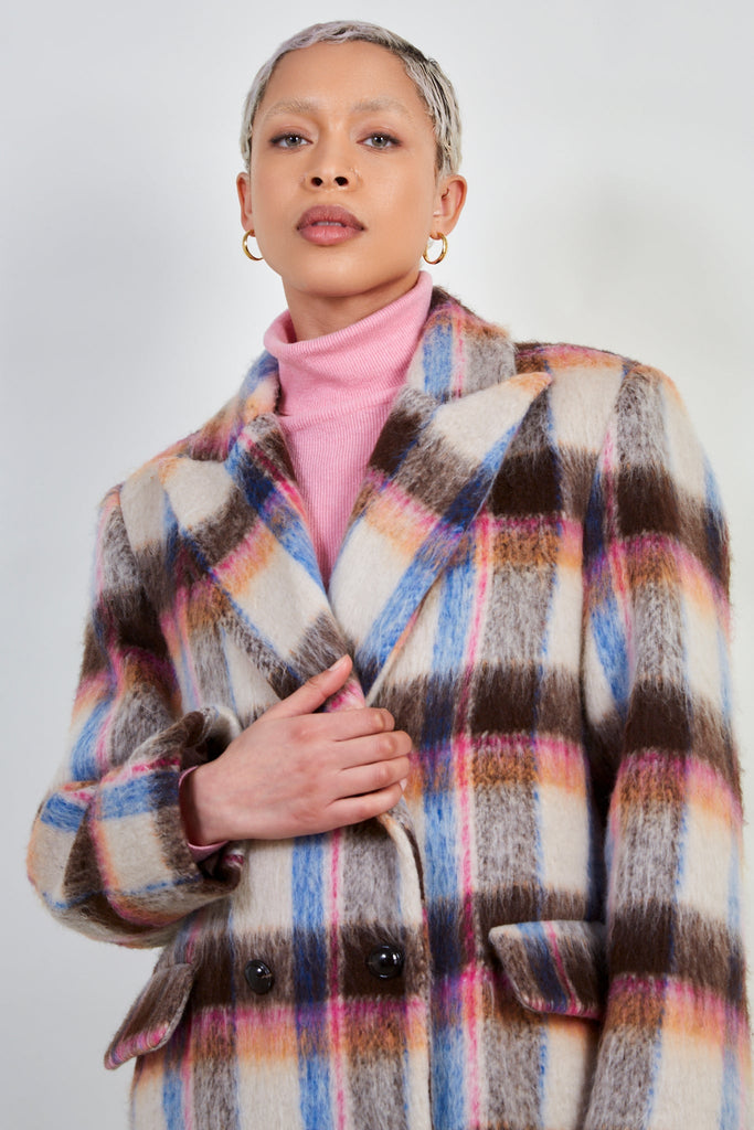 Pink and brown bold checked wool blend coat_4