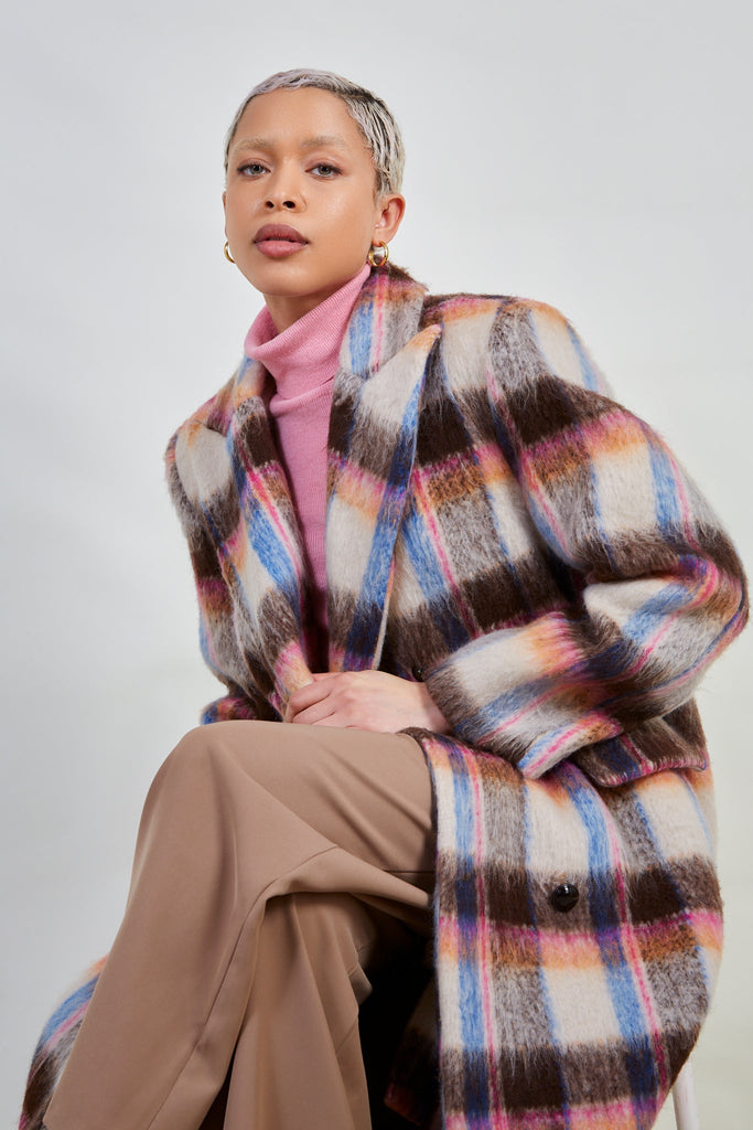Pink and brown bold checked wool blend coat_6