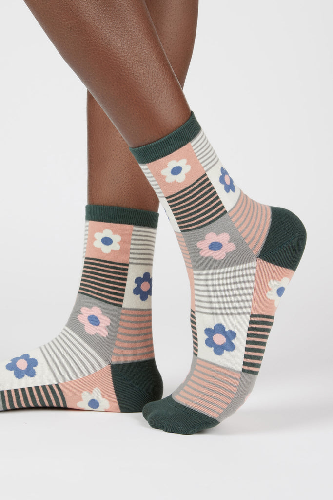 Pink and green floral striped check socks_1
