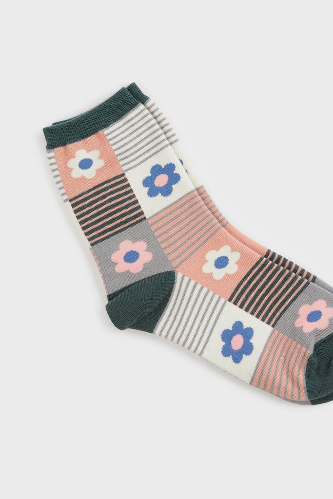 Pink and green floral striped check socks_3
