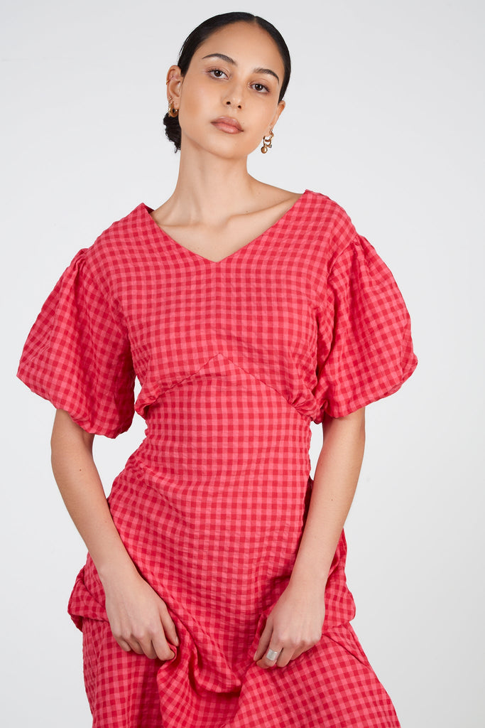 Pink and red gingham puff sleeve dress_5