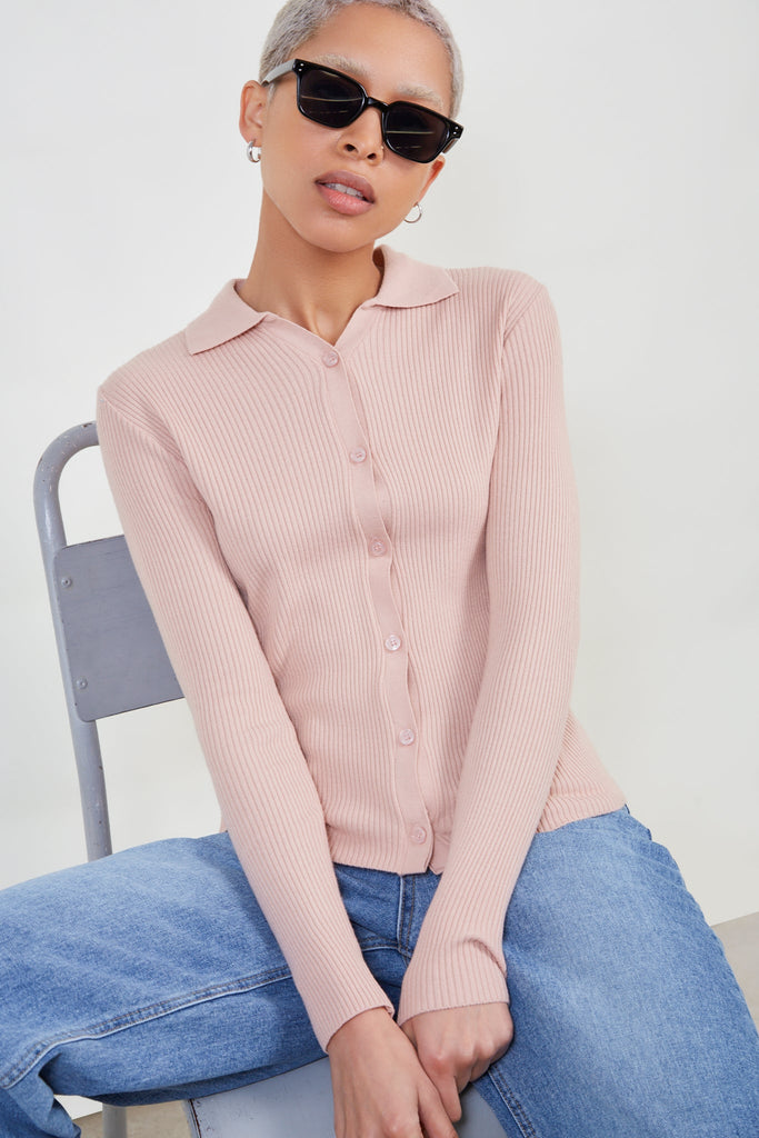 Pale pink button front polo knit top_1