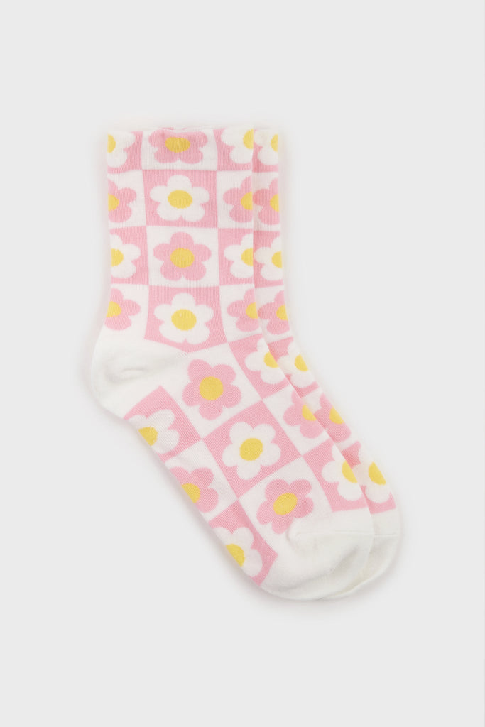 Pink daisy checkered socks_2