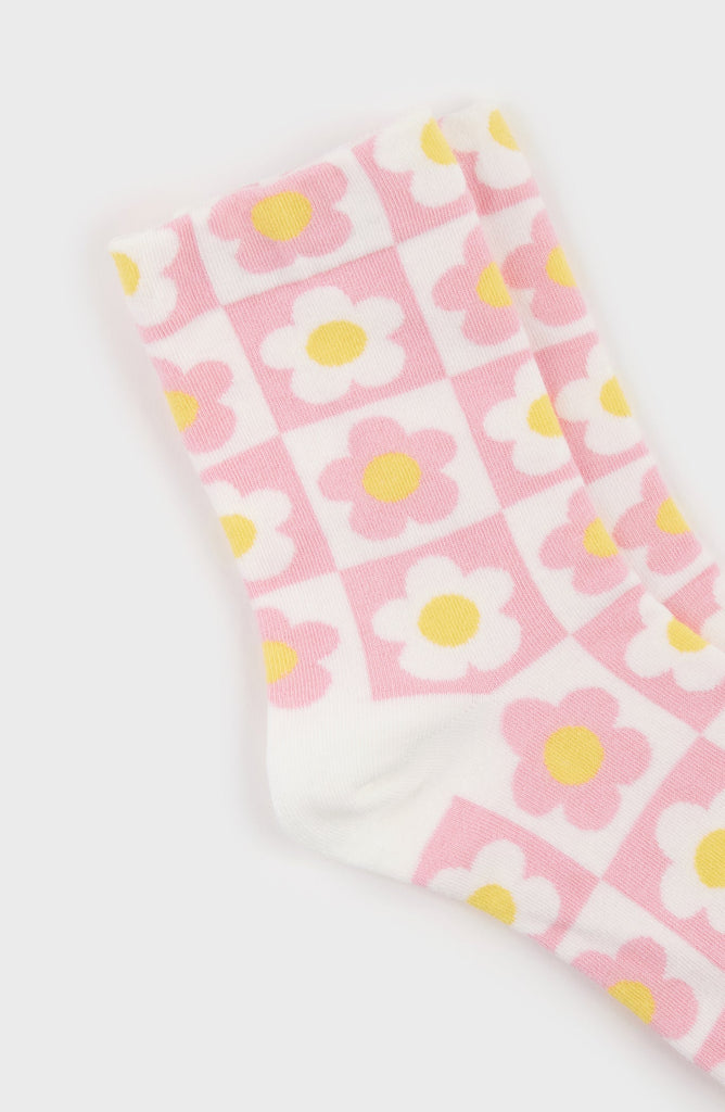 Pink daisy checkered socks_3