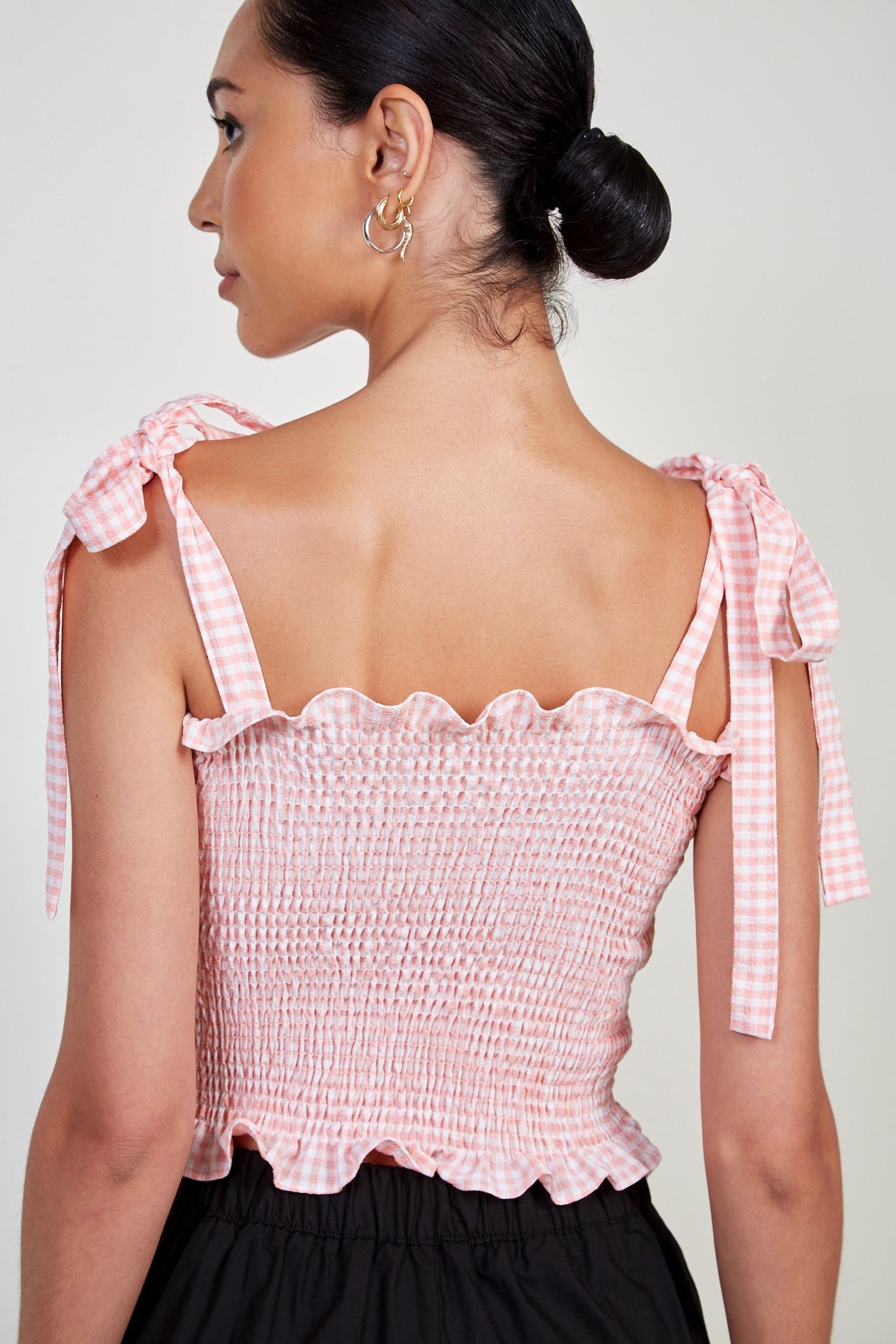 Pink gingham ruched tie strap tank