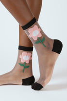 Pink sheer giant daisy black trim socks_1