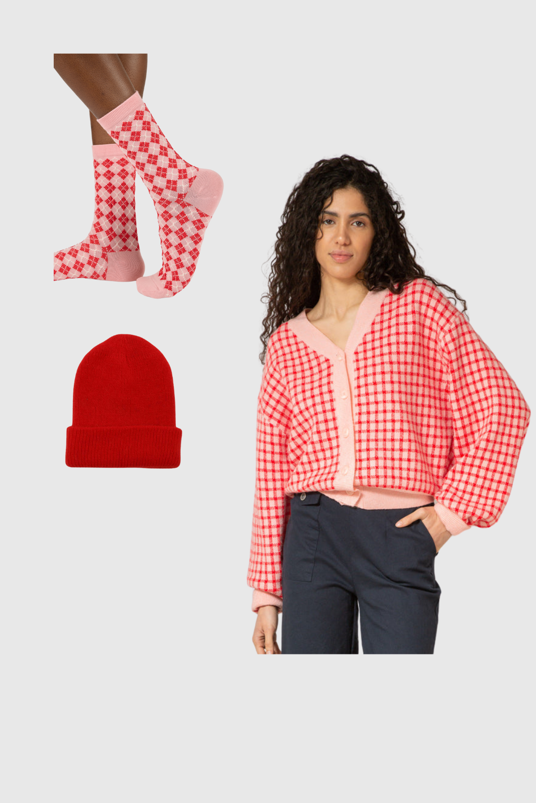 Pretty in pink - gingham cardigan, mohair beanie and socks set_1