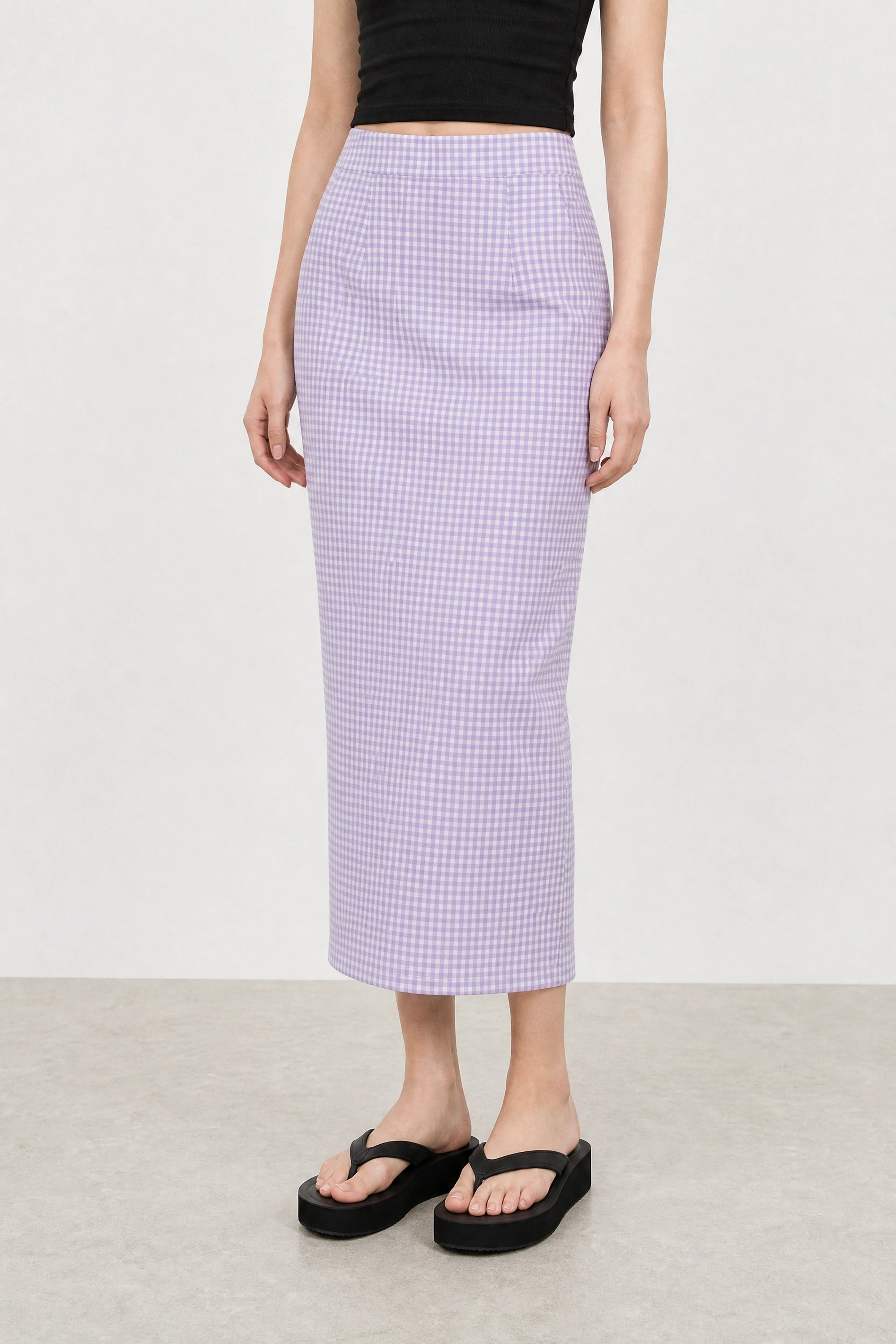 Purple gingham slit back pencil skirt_1