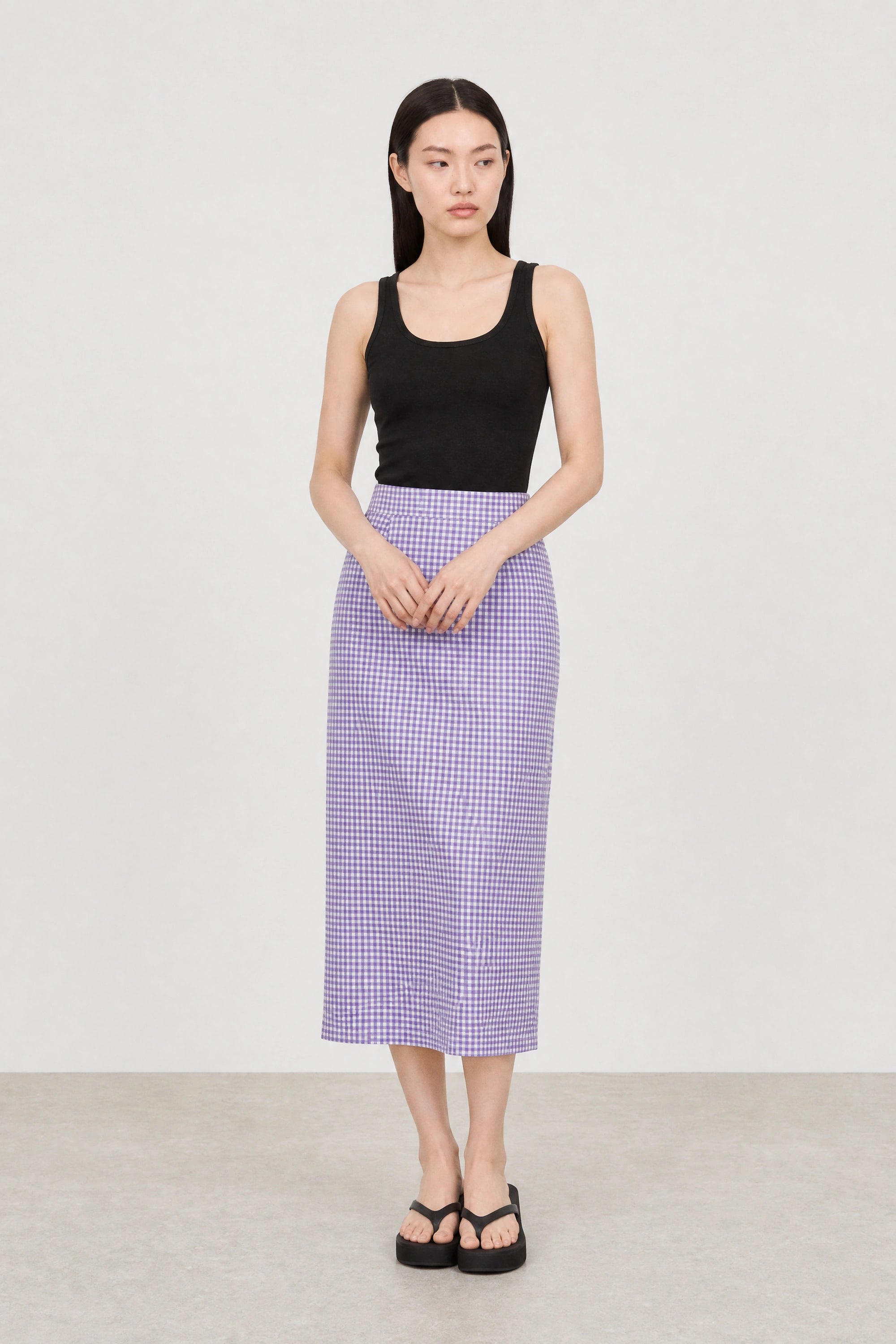 Purple gingham slit back pencil skirt_3