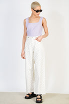 Purple ribbon bow print double button jeans_3