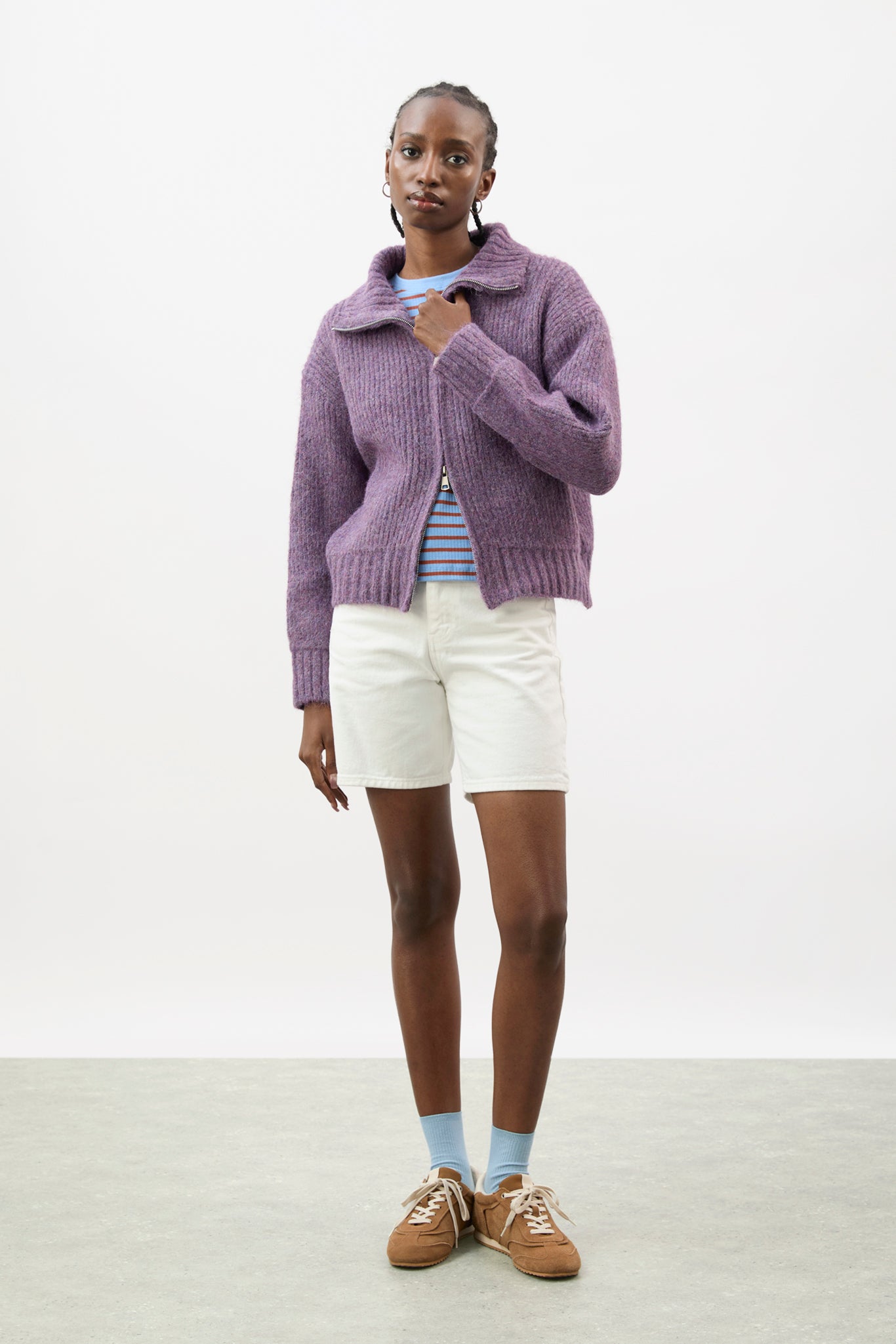 Purple wool blend ribbed zip up cardigan_4