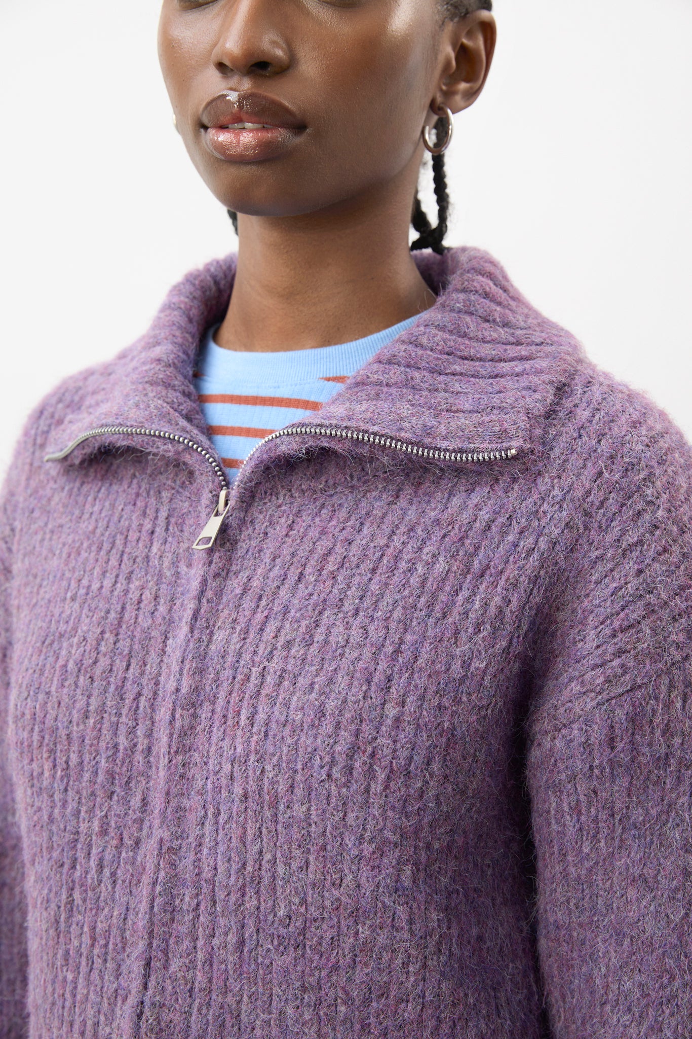 Purple wool blend ribbed zip up cardigan_3
