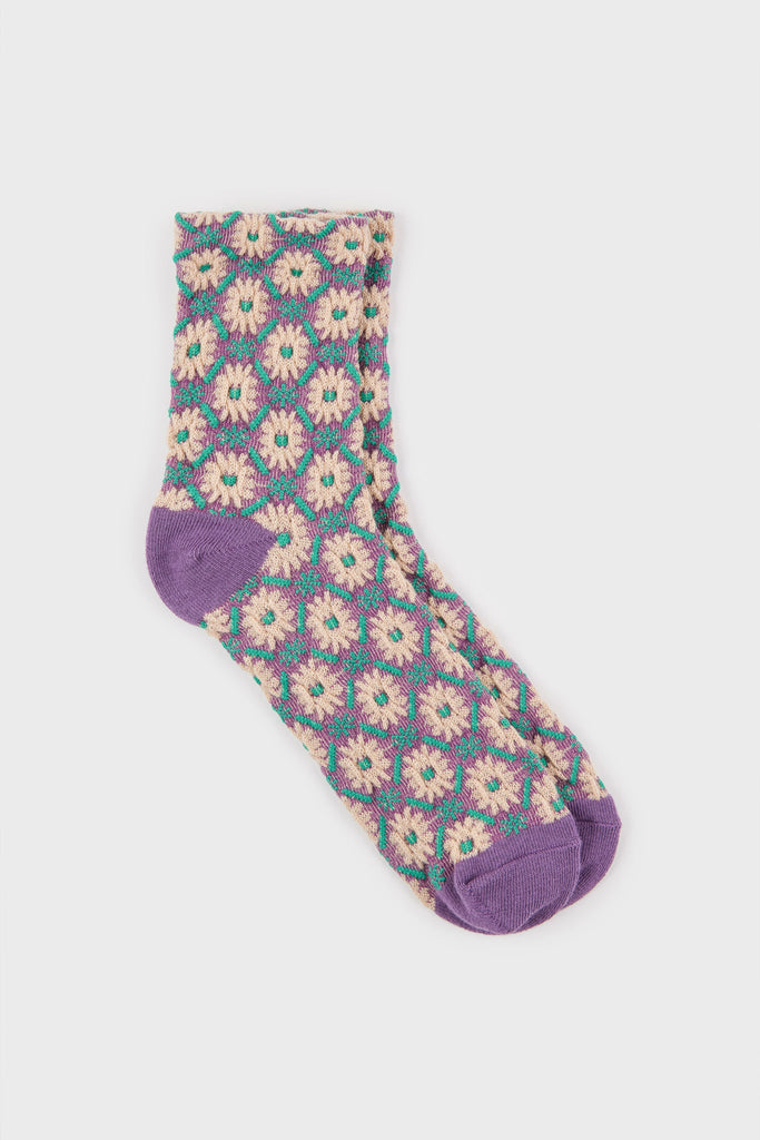 Purple and green floral diamond grid socks_2
