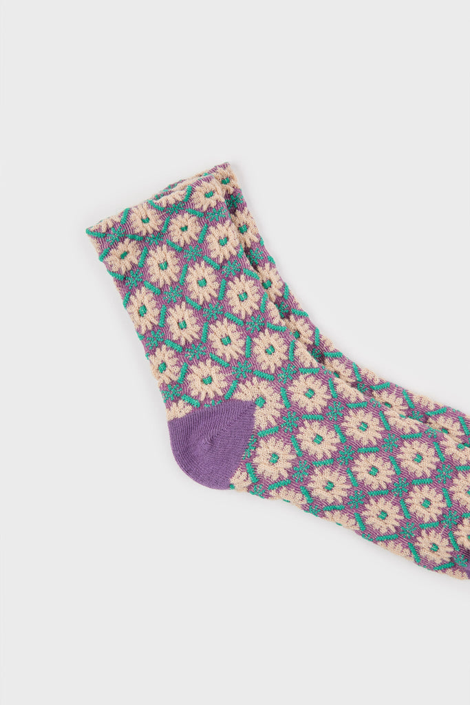 Purple and green floral diamond grid socks_4