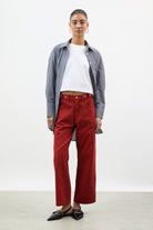 Red adjustable waist double button jeans_4