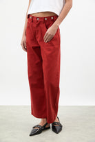 Red adjustable waist double button jeans_1