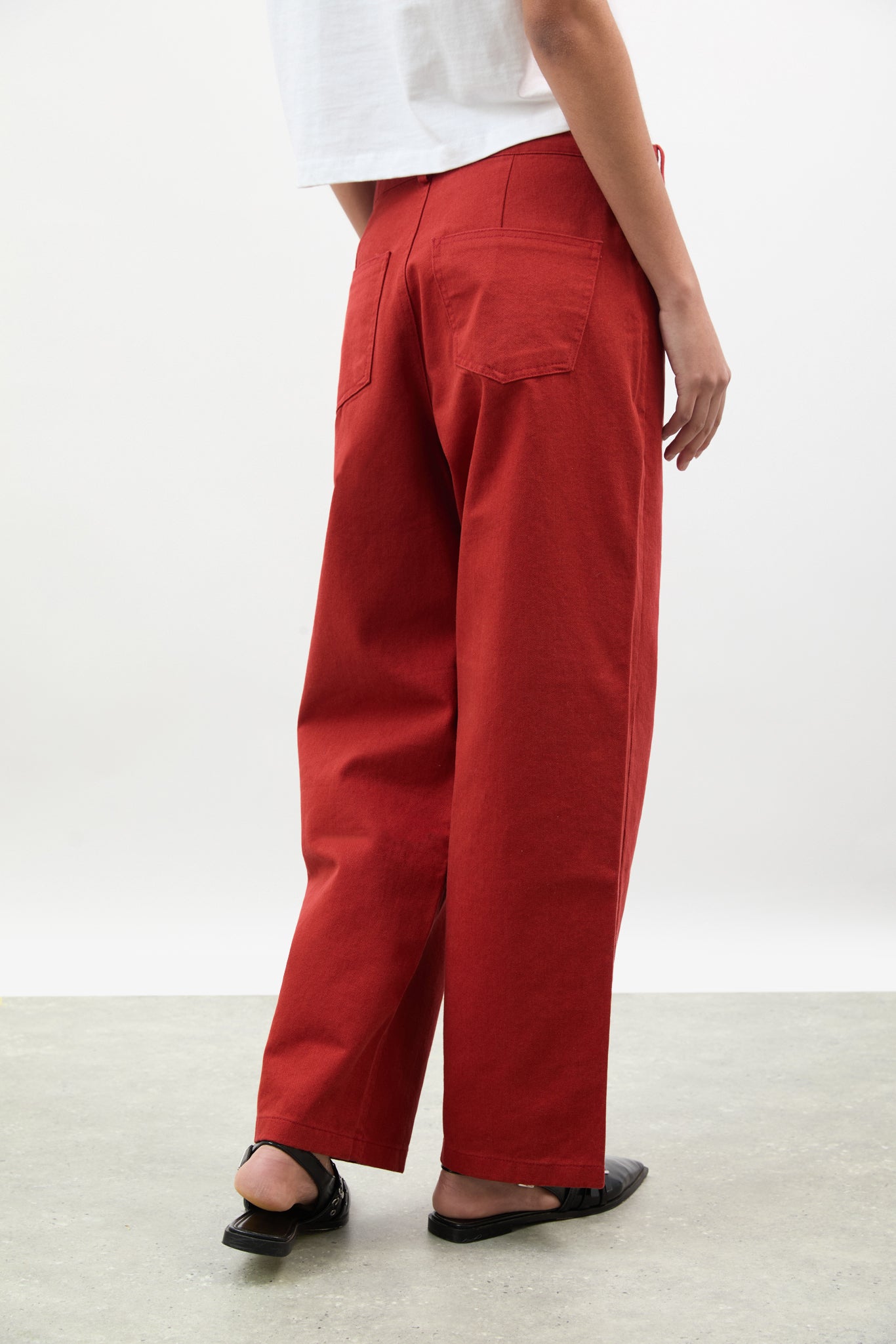 Red adjustable waist double button jeans_2