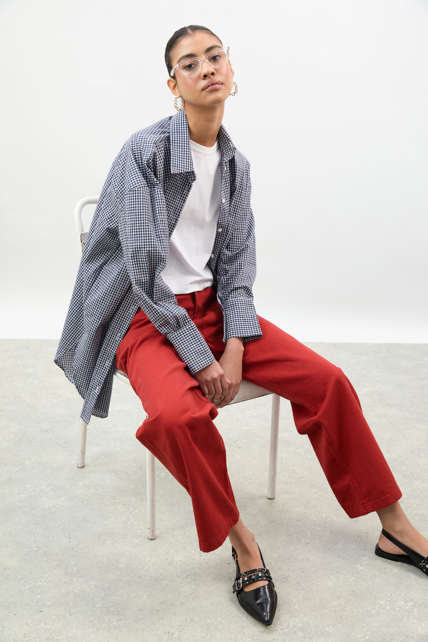 Red adjustable waist double button jeans_5