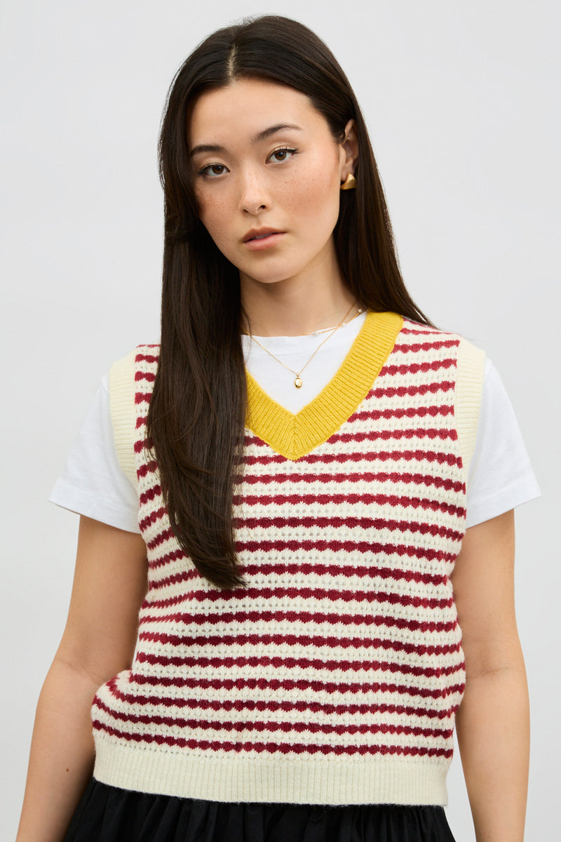 Red and ivory striped yellow collar sweater vest | Glassworks London