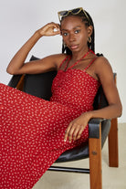 Red and white floral print pull bodice maxi dress_5