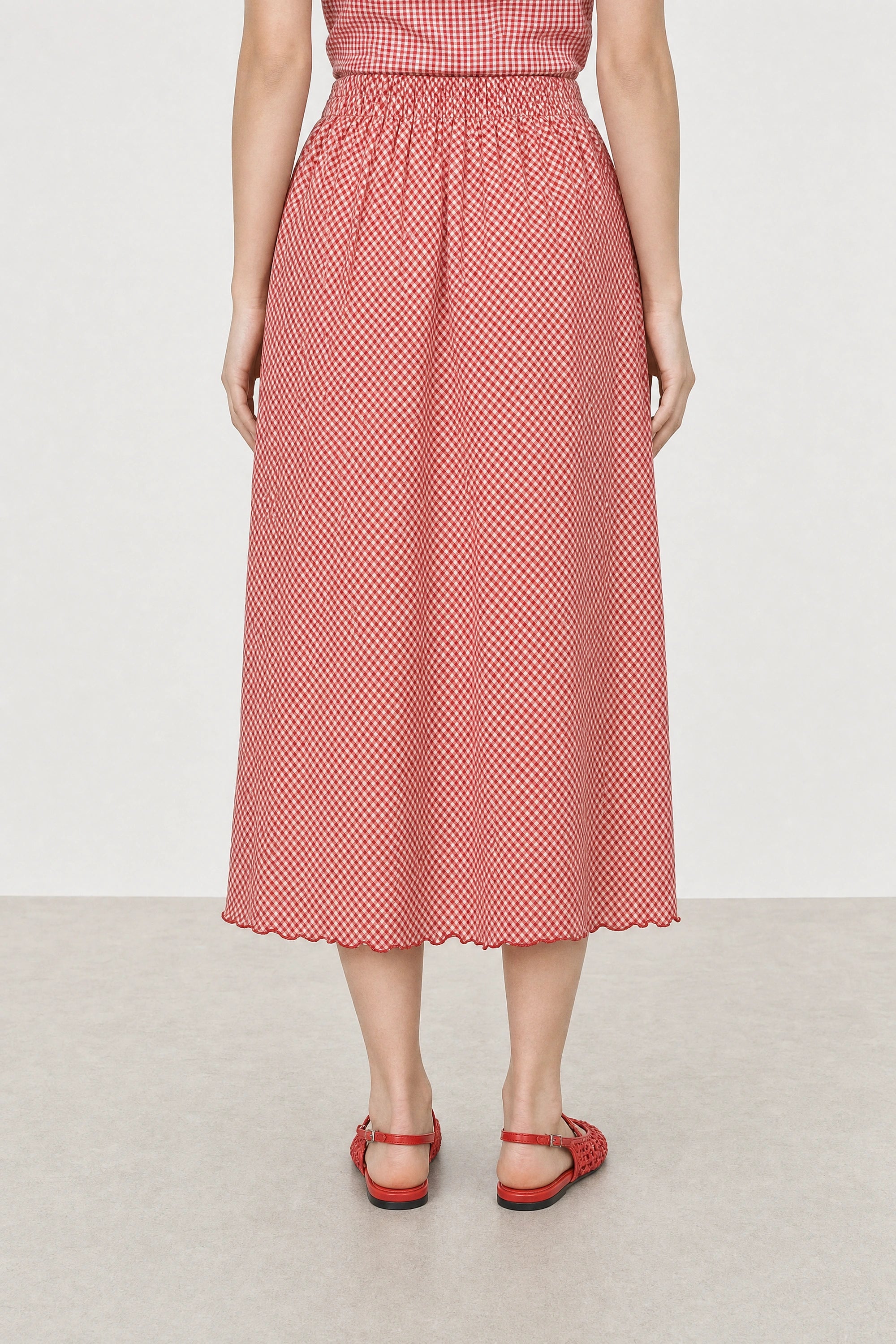 Red and white gingham lettuce trim pencil skirt_2