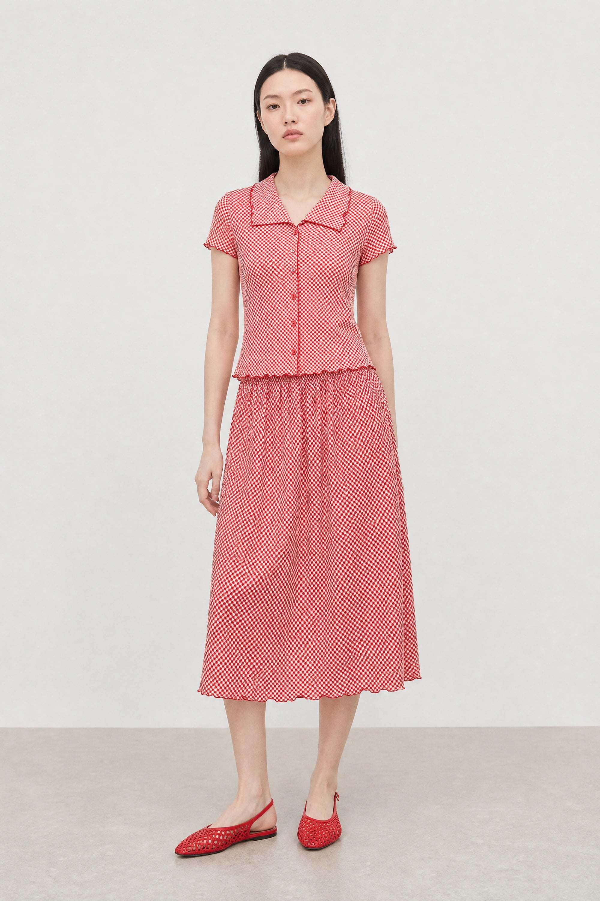 Red and white gingham lettuce trim pencil skirt_3