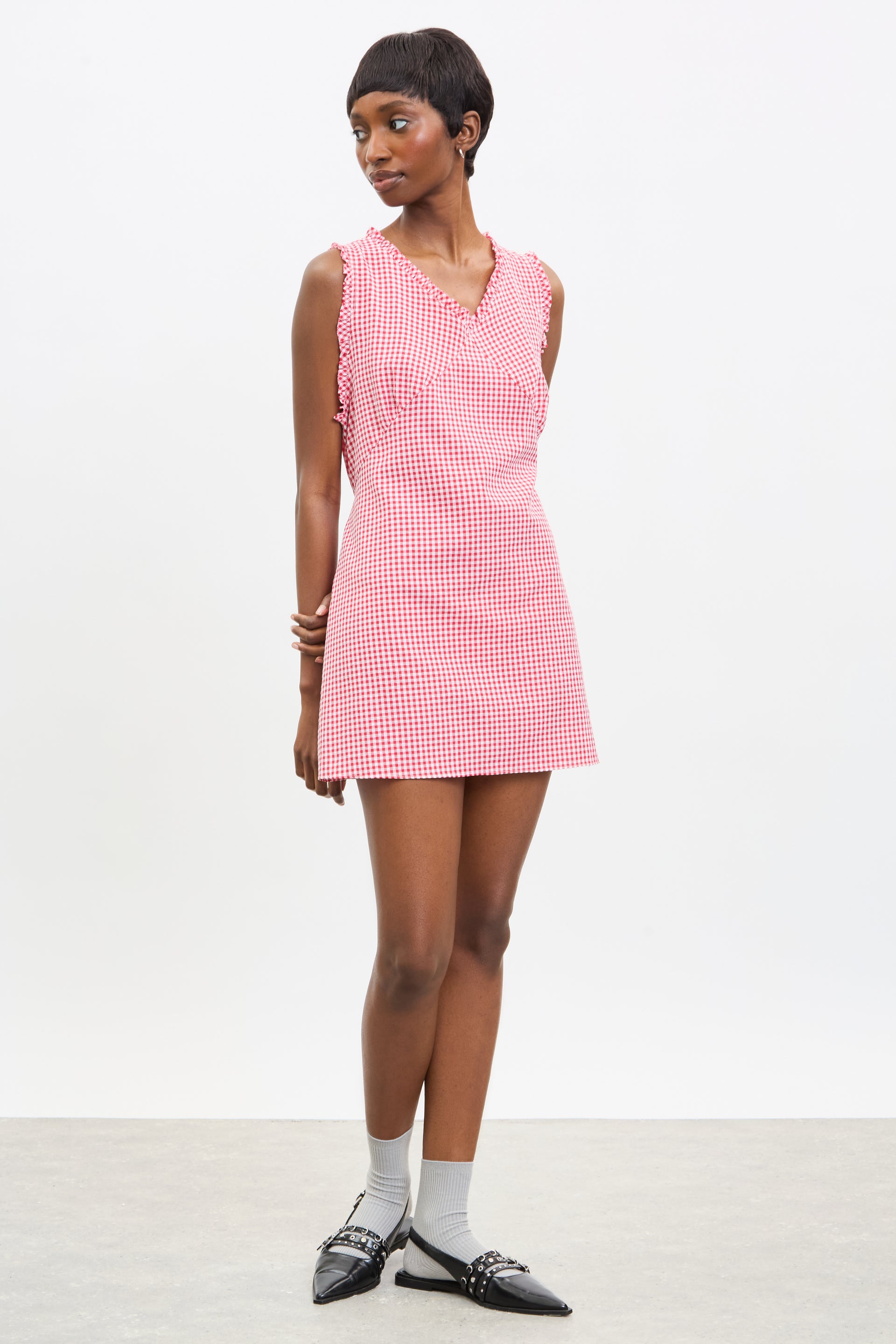 strapless open back dress Red and ivory gingham ruffle trim mini dress