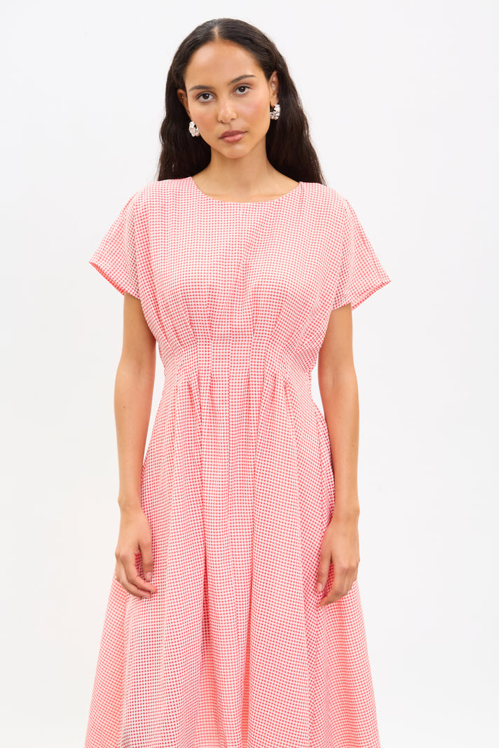 Red and white gingham pleated waist dress_3