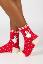 Red and white gingham trim snowman socks_3