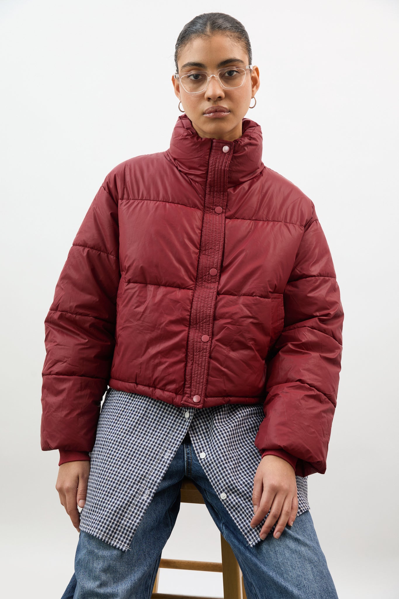 Red funnel neck short puffer coat_6