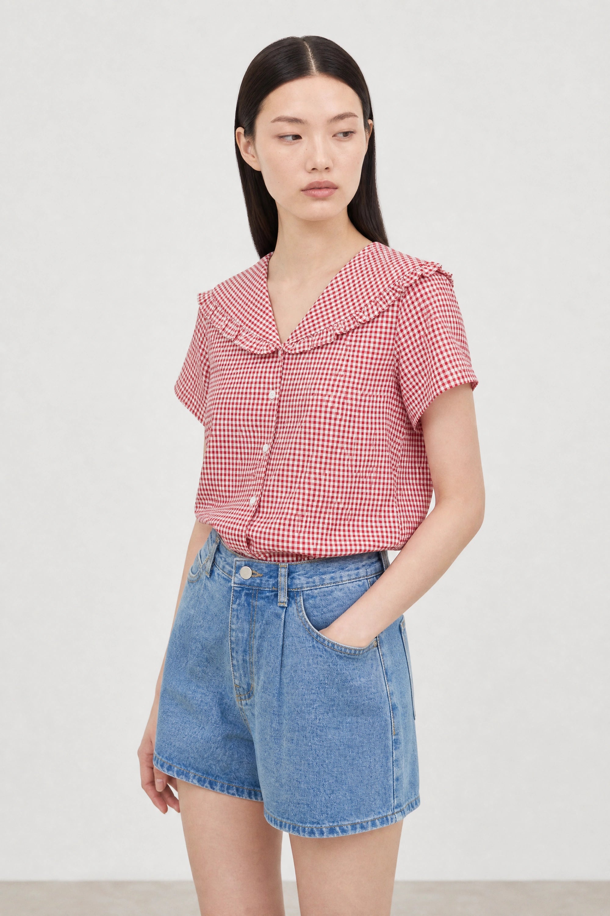 Red gingham ruffle trim giant collar short sleeved shirt_1