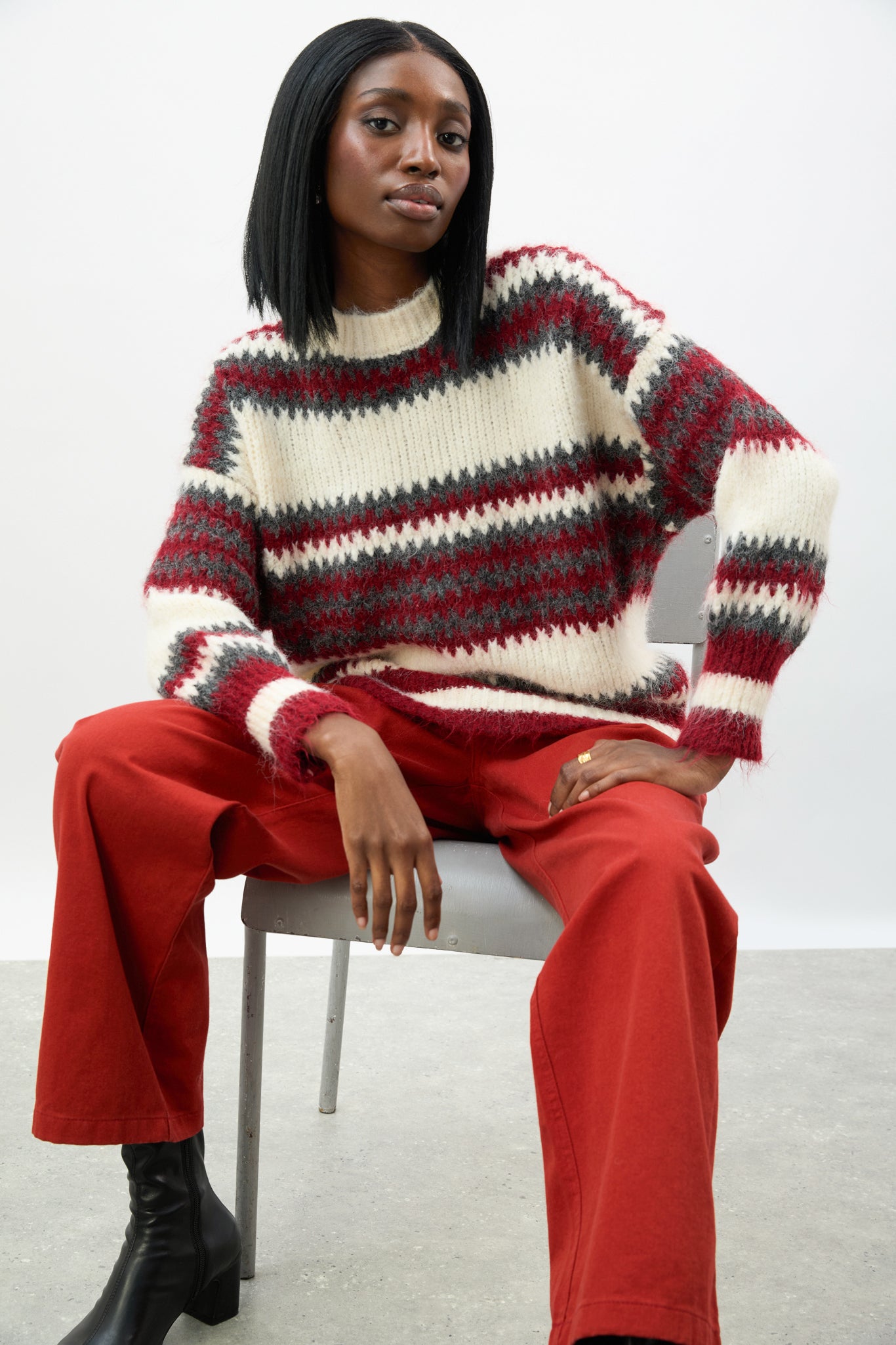 Red ivory and grey wool blend fuzzy striped jumper_5