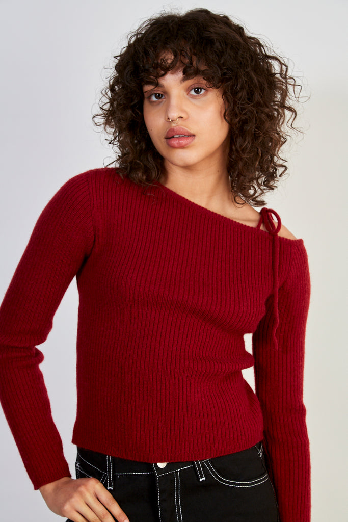 Red one shoulder tie knit top_1