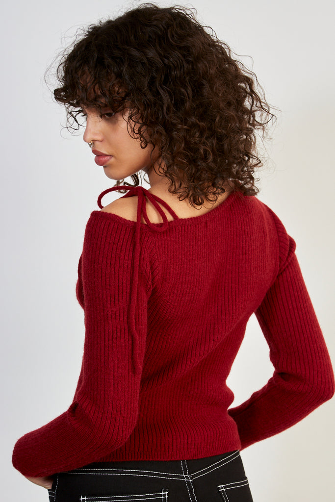 Red one shoulder tie knit top_2