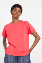 Red pure cotton rolled hem T-shirt_1