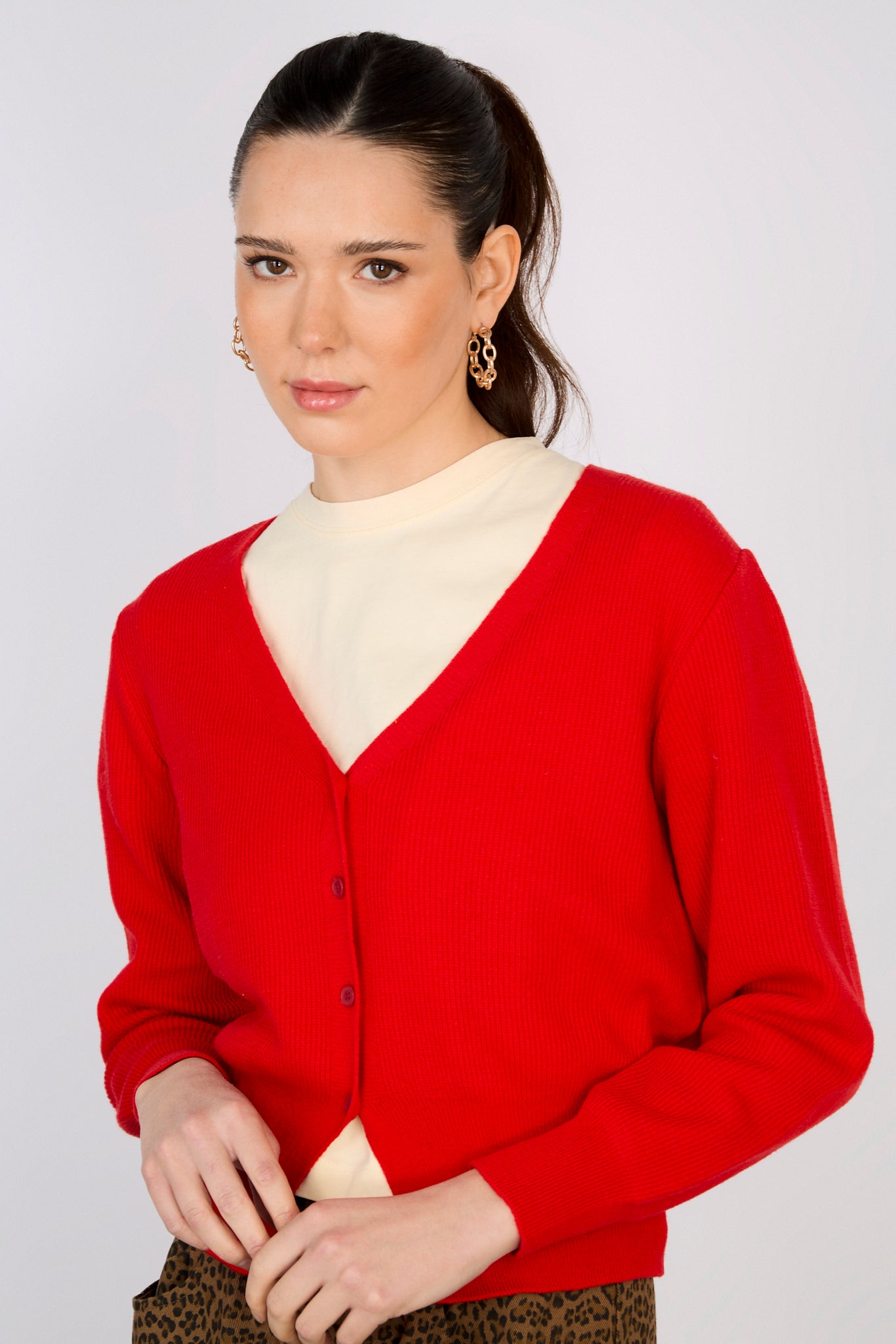 Red short cotton blend cardigan