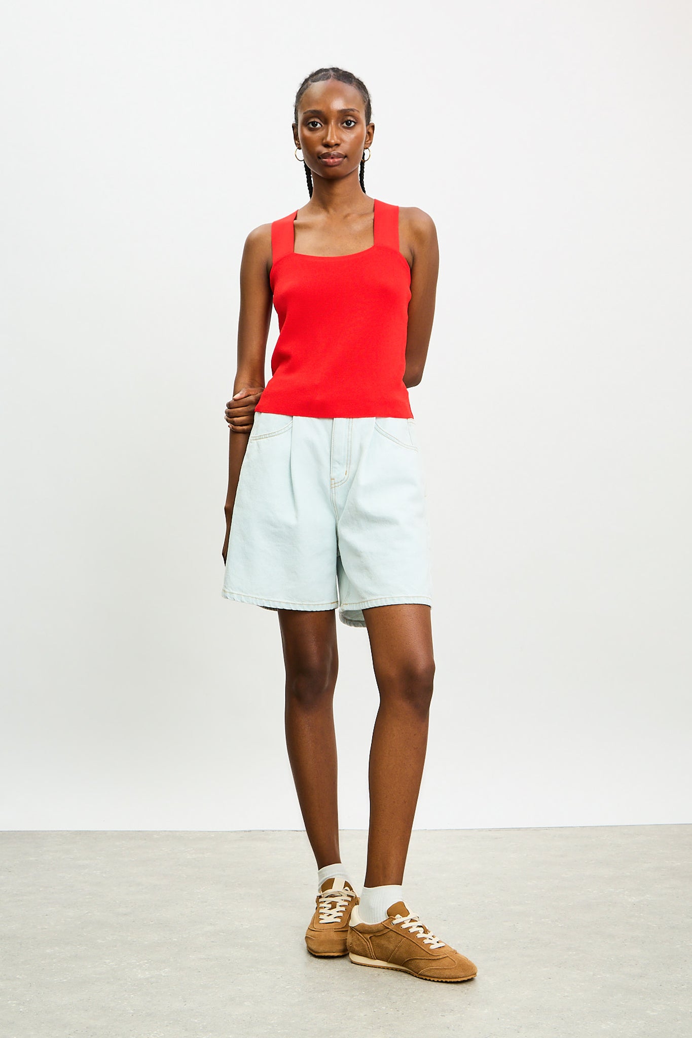 Red wide strap cross back knit tank_4