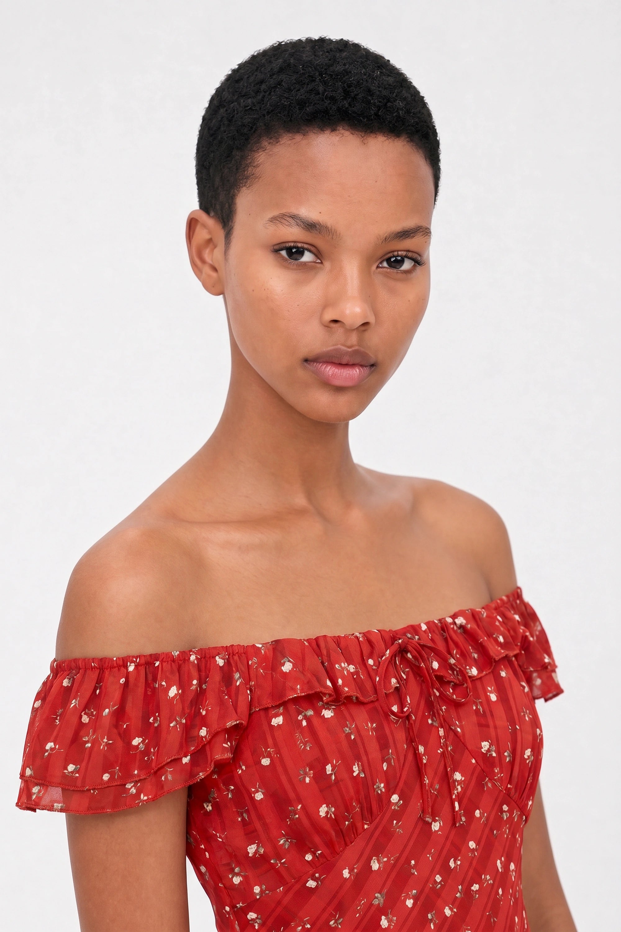 Red floral print frill straps silky dress_4