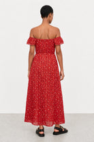 Red floral print frill straps silky dress_2