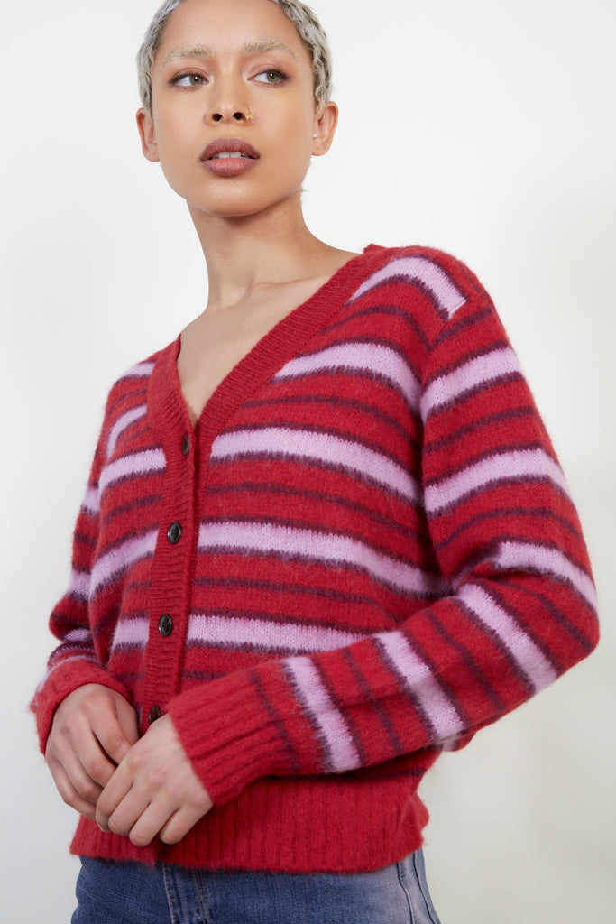Red and pink striped alpaca wool blend cardigan_4